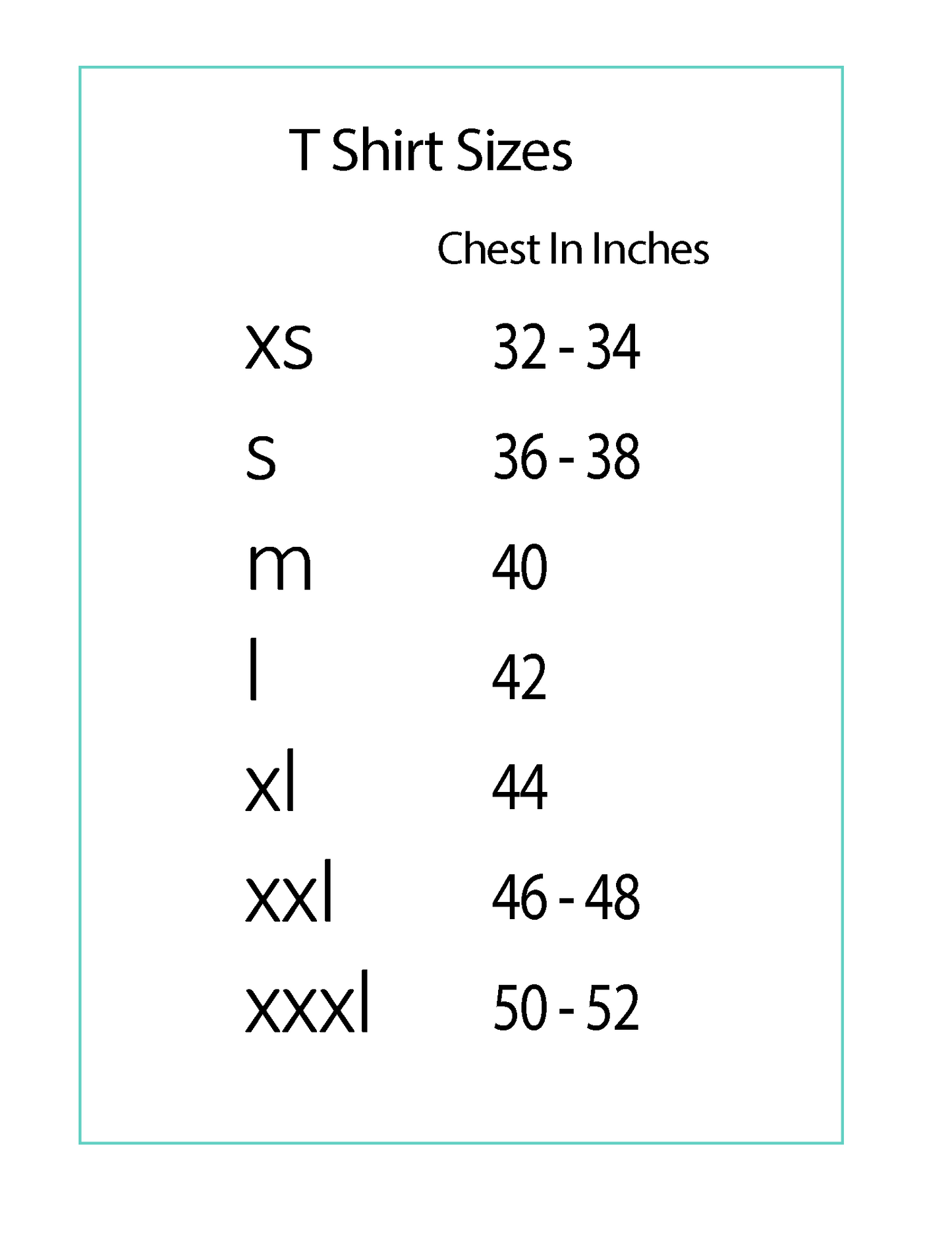 t shirt size chart for Cutey-Paws printed t shirts