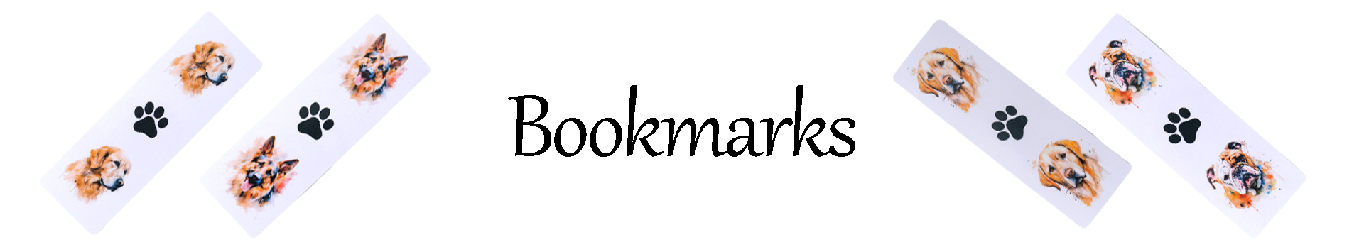 Set of bookmarks with watercolour dog designs on a white background