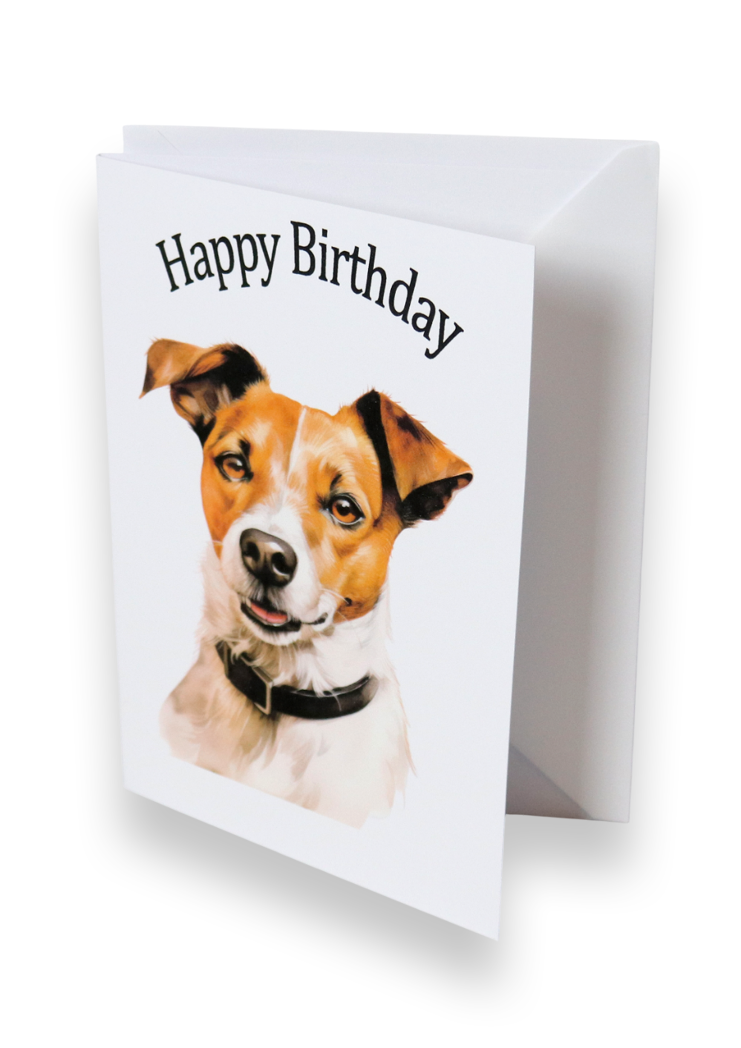 Birthday card with a Jack Russell face and 'Happy Birthday' text on a white background