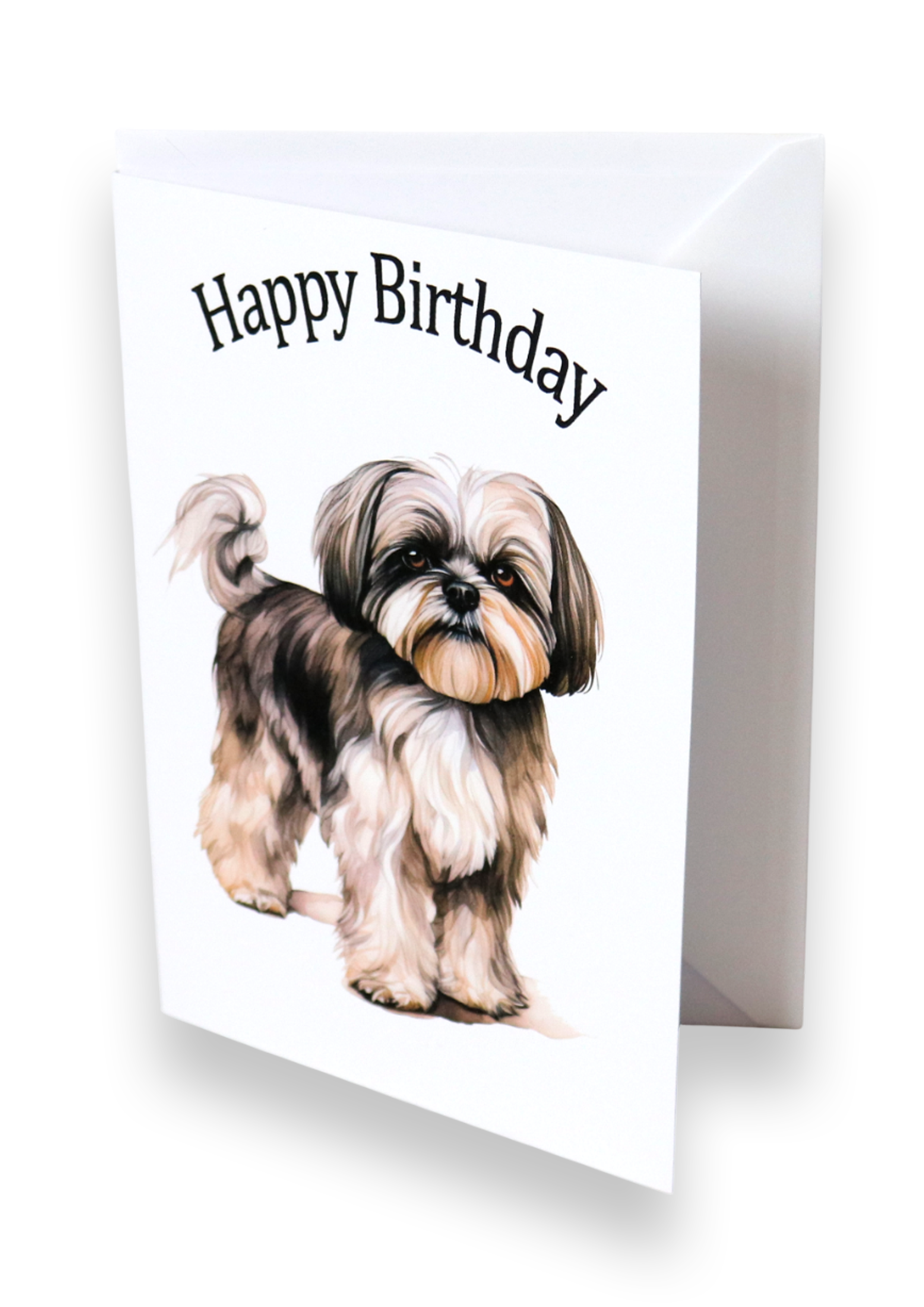 Birthday card with a Shih Tzu dog illustration and 'Happy Birthday' text on a white background